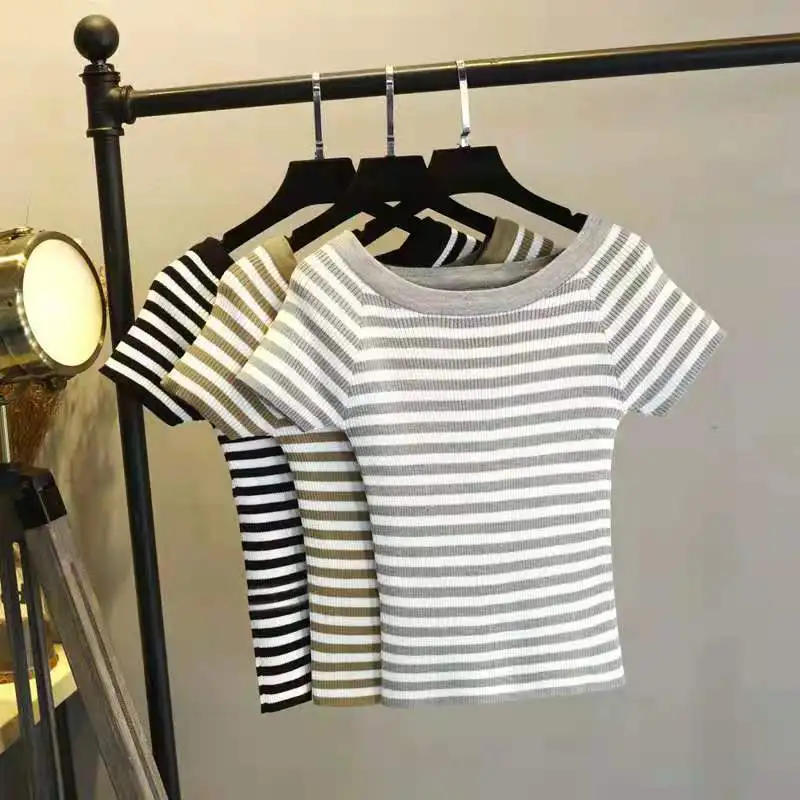 

From shoulder short-sleeved blouse spring and autumn women sweater jumper stripe female jumper sexy knit crop top