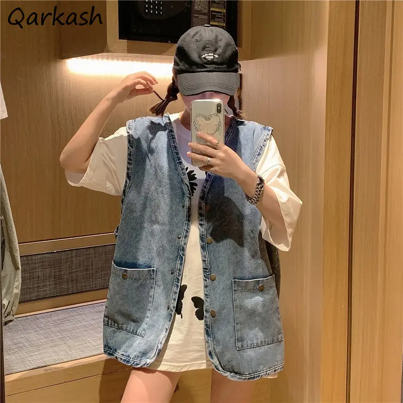 Vest Women Denim Vintage Spring Pockets Loose Ulzzang Students Fashion Harajuku All-match Ladies Casual Streetwear Popular Ins