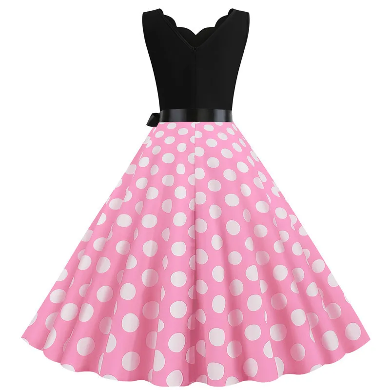 Polka Dot Print Women Summer Dress Black Patchwork Sleeveless V Neck Elegant Vintage Party Casual Midi Dress