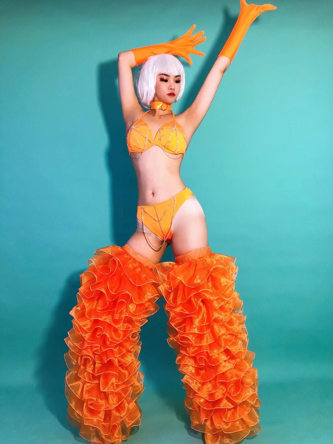 Bar Dance Team Gogo Costume Women DJ Dancer Nightclub Party Show Sexy Stage Wear Orange Blue Rhinestones Bikini Leg Coves Outfit