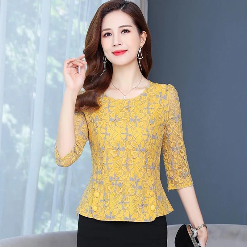 Women Spring Autumn Style Lace Blouses Shirts Lady Casual Half Sleeve O-Neck Lace Blusas Tops ZZ0600