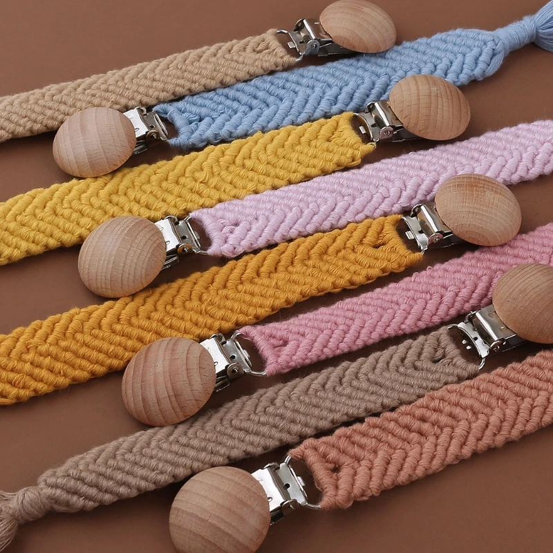 Baby Teether Pacifier Clips Wooden Infant Kids Cotton Crochet Pacifier Chain Newborn Teething Soother Chew Dummy Chain Handmad