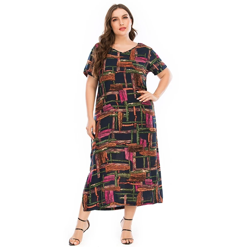 

Summer new plus size casual dress 7XL 8XL 9XL fashion ladies printed hem split V-neck short sleeve dress