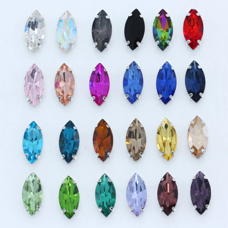 كل حجم Navette/عين الحصان 24-color خياطة على الكريستال والزجاج حجر الراين الخياطة ديامانتي monتيز زر مخلب الفضة للملابس
