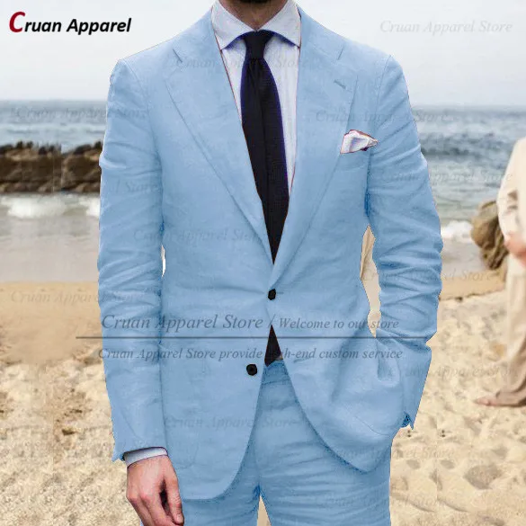 2022 Latest Summer Linen Beach Mens Suits Set Slim Fit Groomsmen Groom Wedding Blazer Formal Casual Thin Khaki Jacket Pants 2Pcs