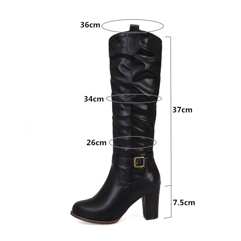 YMECHIC Plus Size 34-46 High Heels Boots Women Black Shoes Female Buckle Pleated Pu Leather Block Heel Long Riding Boots Women