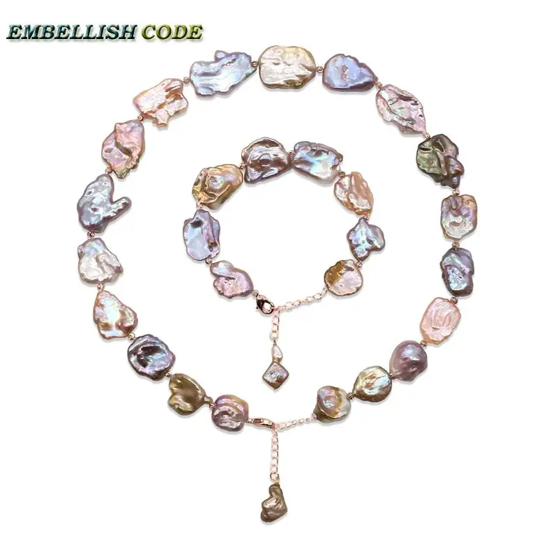 

Keshi Irregular Pearl Choker Statement Necklace Bracelet Set Peach Mixed Good Lustrous Color Flat Baroque Cultured Freshwater