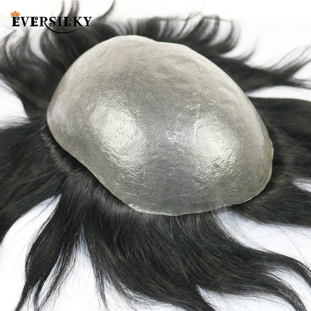 Eversilky 100% Remy Human Hair Durable PU Mens Toupee Natural Hairline Replacement System Mans Wig