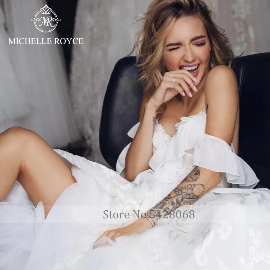 Michelle Royce A-Line Wedding Dresses For Women 2022 Sweetheart Ruffles Sleeve Lace Chapel Train Wedding Gown Vestidos De Novia