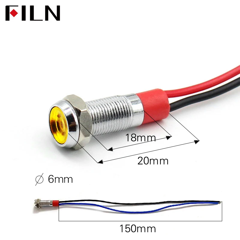 FILN 6mm 8mm 10mm 9V-24V Lampada indicatore di segnale in metallo a led con cavo 15 cm