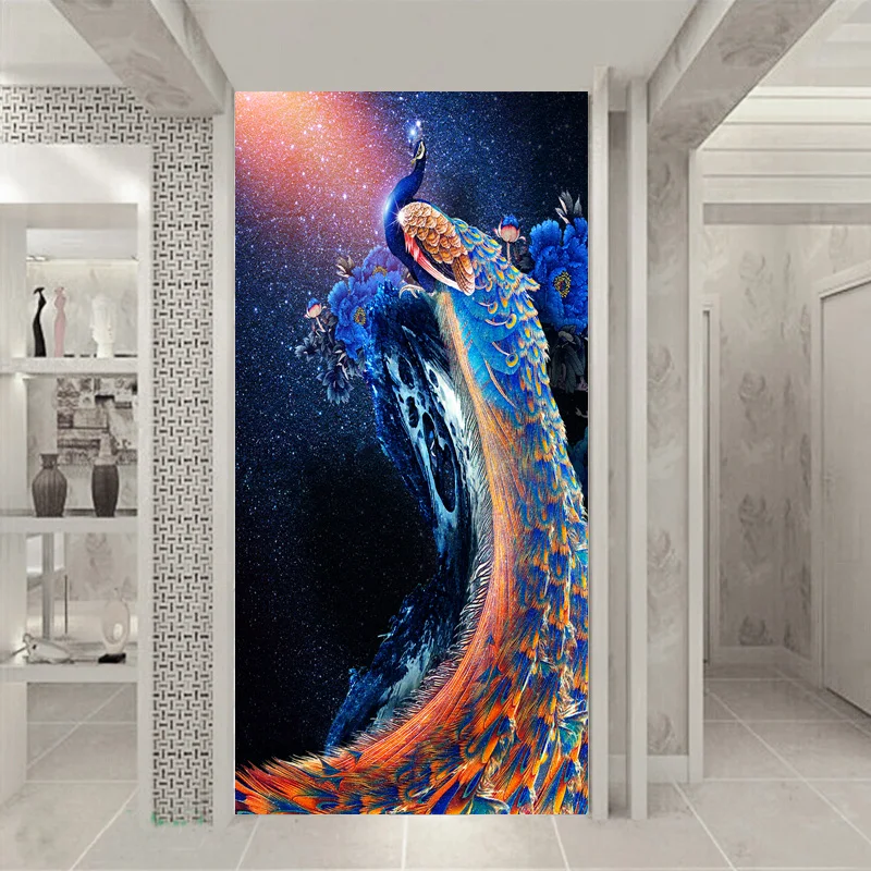 

Custom Mural Modern Minimalist Starry Sky Blue Peacock Peony Floral Porch Decor Wallpaper 3D Photo Wall Paper Papel De Parede