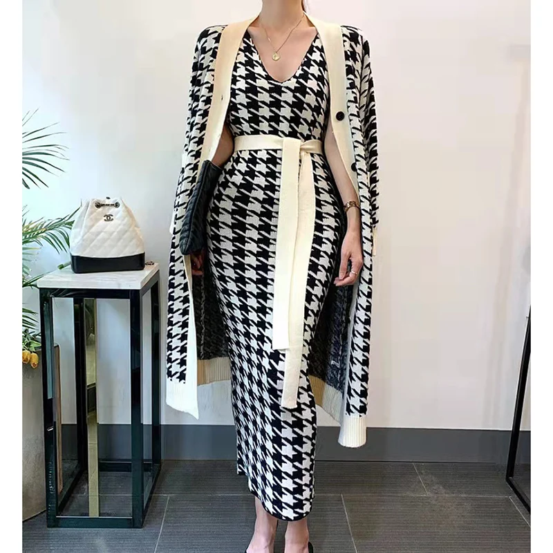 

Korean Winter Houndstooth Sweater 2 Piece Set Women Thick Warm Pocket Long Knitted Plaid Coat + Sashes Vest Dress Female Outfits