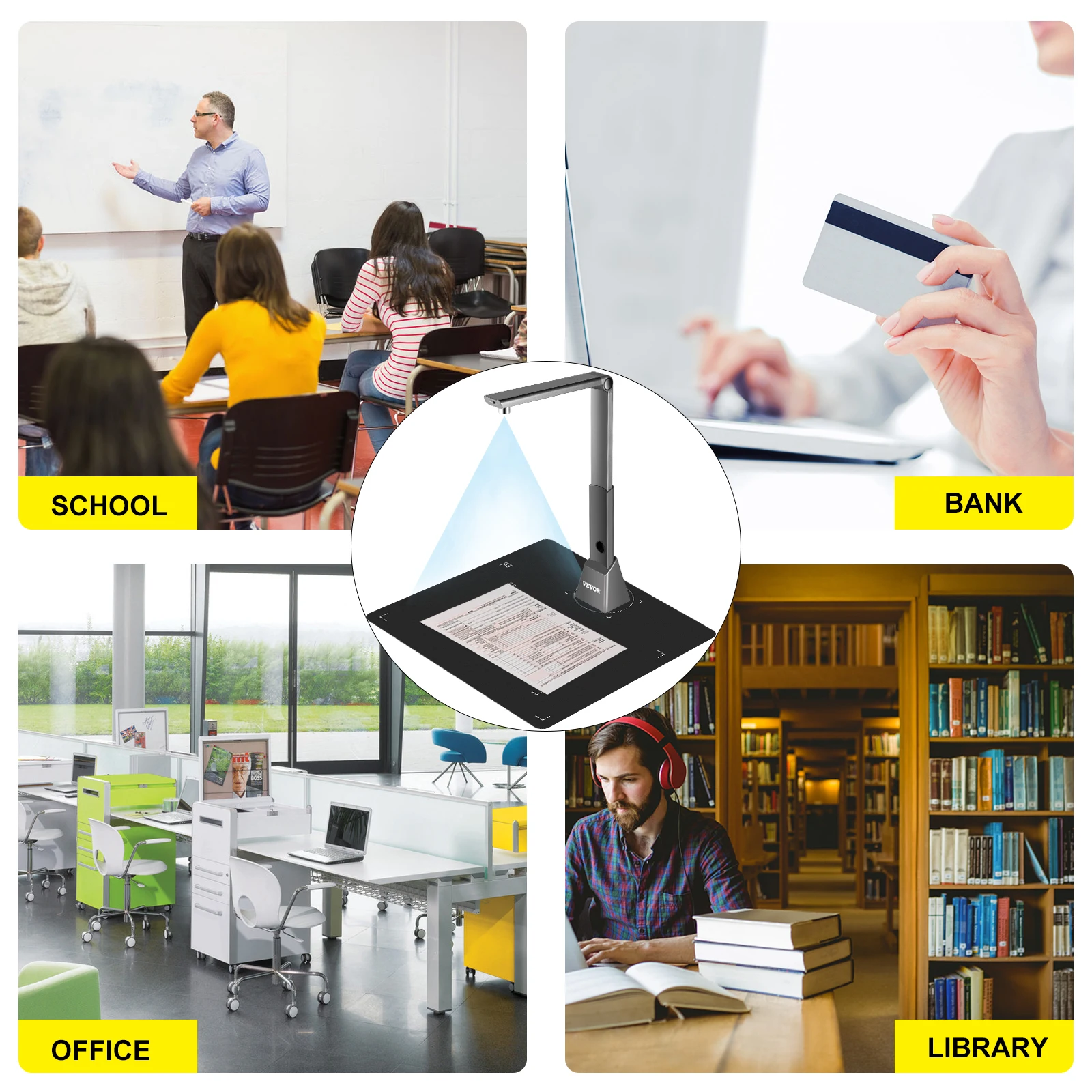 VEVOR Scanner Portatile ad Alta Definizione A3, 10 Mega-Pixel Scanner per Documenti, Formato Scanner A3 con Doppia Lente + 4 Luci LED, Scanner Intelligente per Documento con Funzione OCR Multilingua