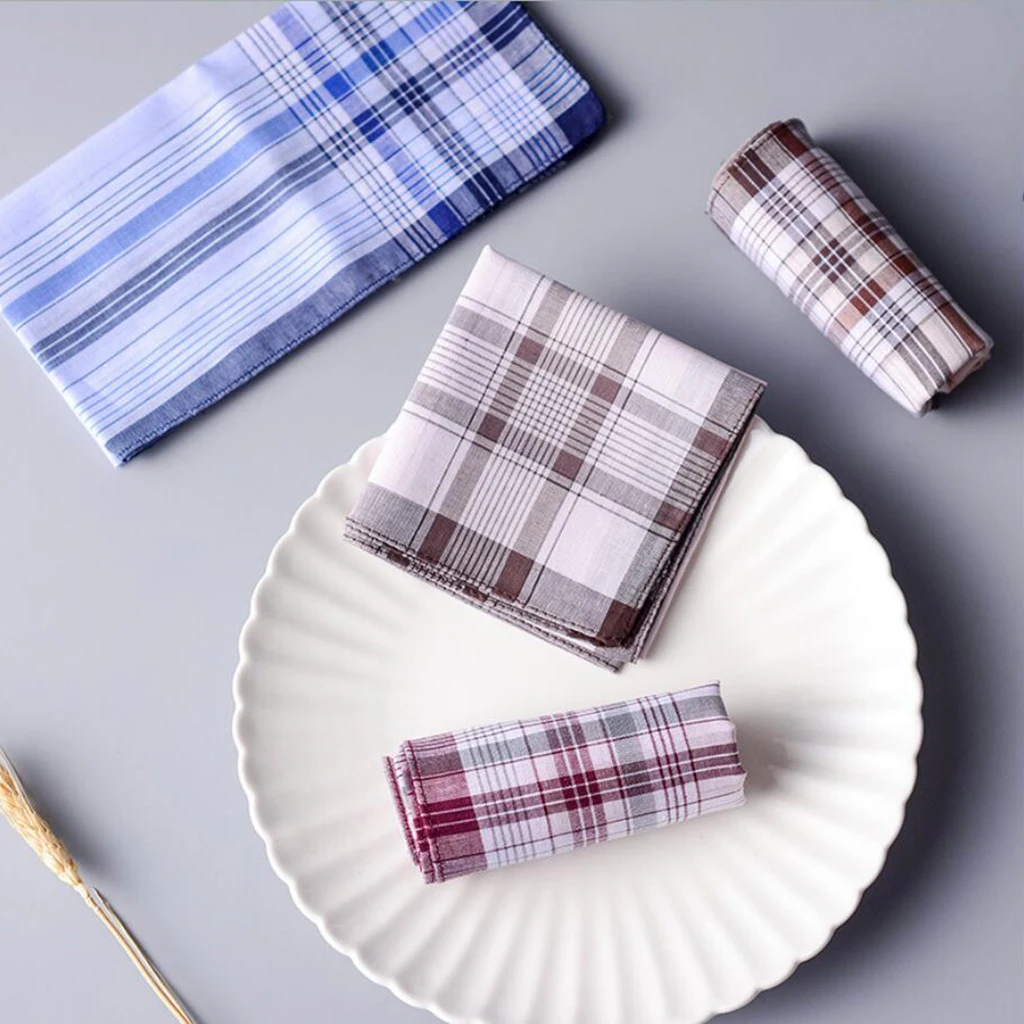 10pcs   Cotton Men Square Plaid Handkerchiefs 38 x 38cm Classic Hanky Light Color Vintage Pocket Towel For Wedding Party