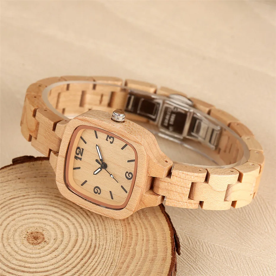 Relógio de pulso Maple Wood para senhoras, mostrador quadrado, pulseira de madeira completa, relógio criativo, presentes de luxo para namorada e esposa