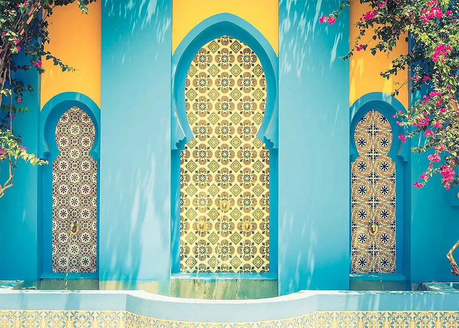 Fountain Morocco Blue Gate Bright Color House Flower Leaves Yellow Wall background  Computer print wedding backdrops