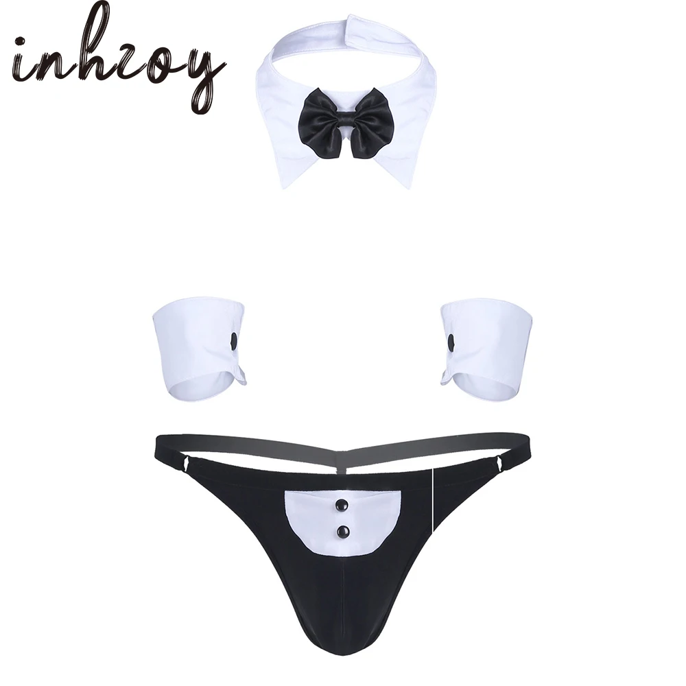 

Waiters Role Play Lingerie Set Sexy Mens Tuxedo Bowknot Collar Briefs Cuffs with T-Back G-string Briefs Underwear Clubwear