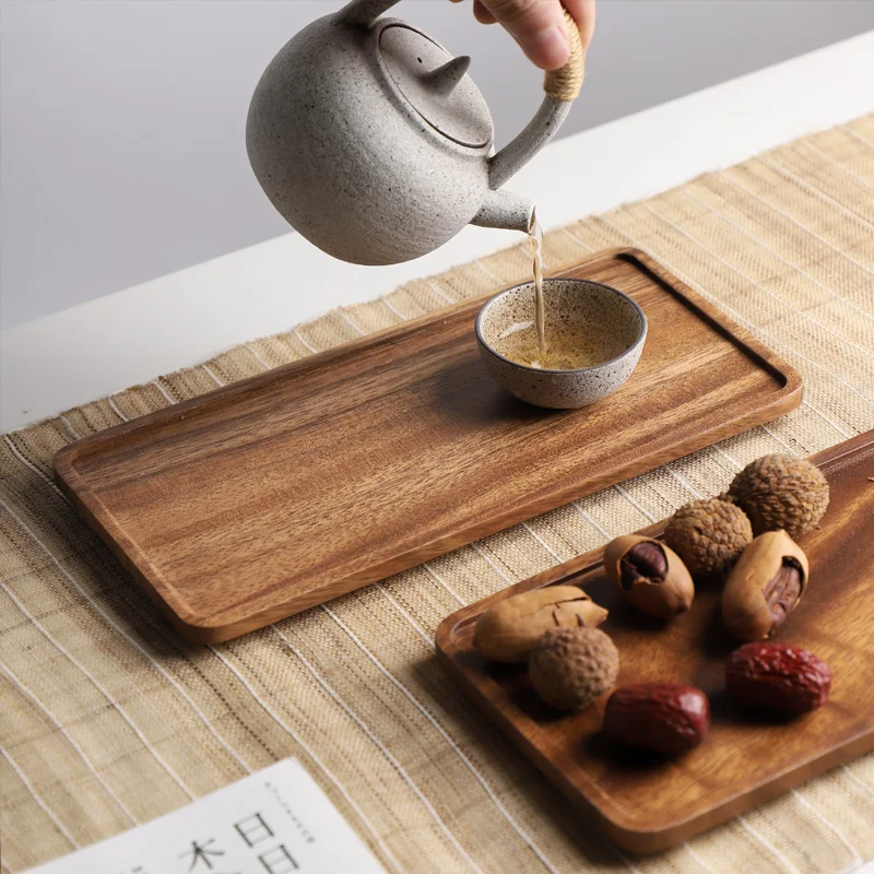 Amgo Wood Tea Tray Acacia Rectangle Coffee Serving Plate Wooden Fruit Snacks Saucer Dish Dessert Planter Holder Home Hotel