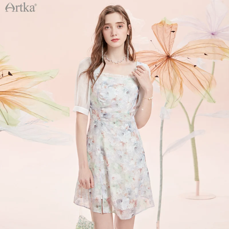 

ARTKA 2021 Summer New Women Dress Vintage Square Collar Puff Sleeve Chiffon Dresses High Waist Shirring Slim Midi Dress LA22715X