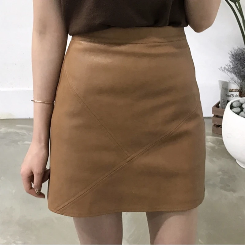 2020 new high waist wild a word bag hip pu short skirt apricot leather skirt