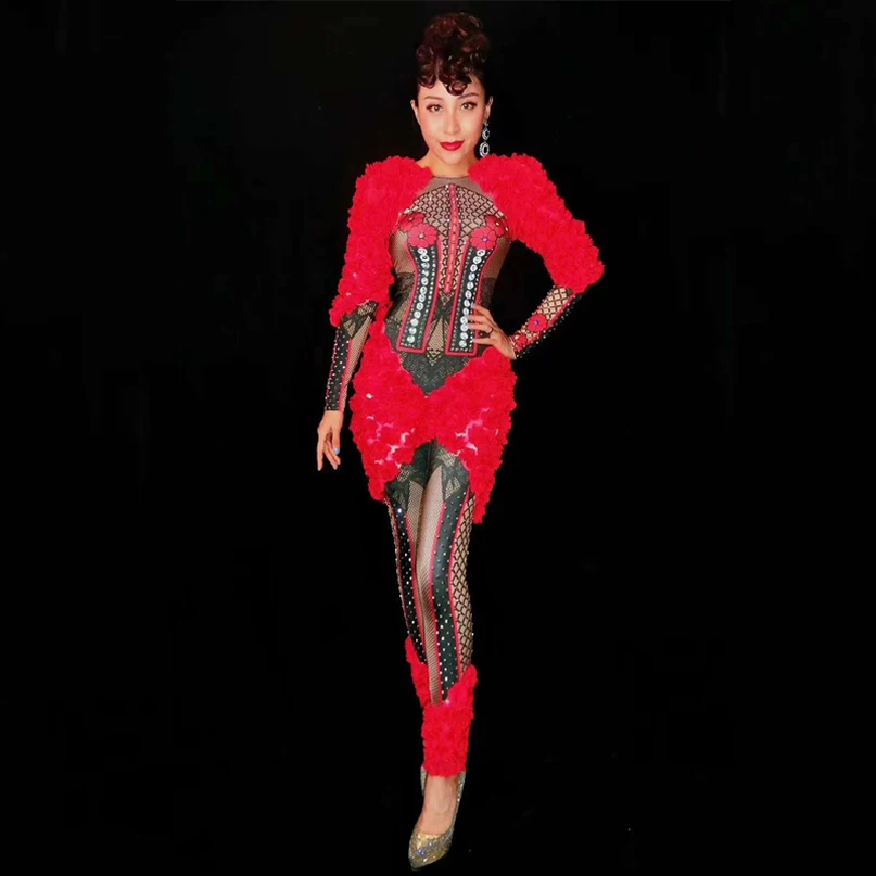 Red Flowers Rhinestones Spandex Jumpsuit Sexy party girls bodysuit Christmas singer stage dance costume