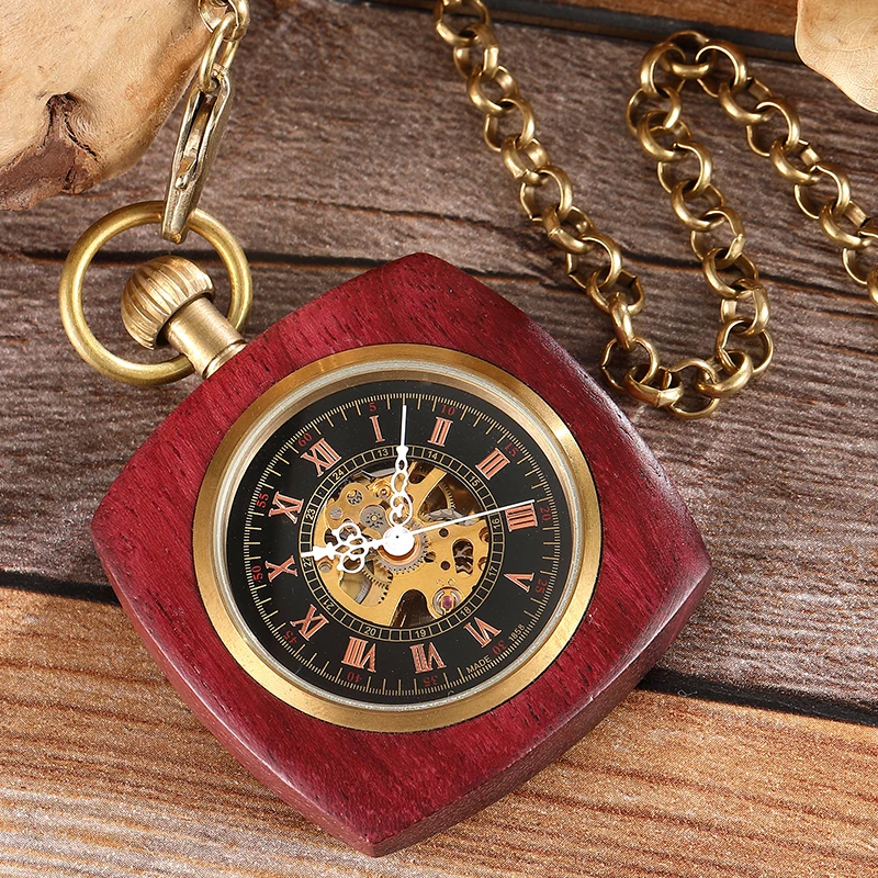 Wooden Mechanical Pocket Watch for Men Antique Golden Red Sandalwood Wood Case Gold Back Engraved Fob Chain Clock Dropshipping