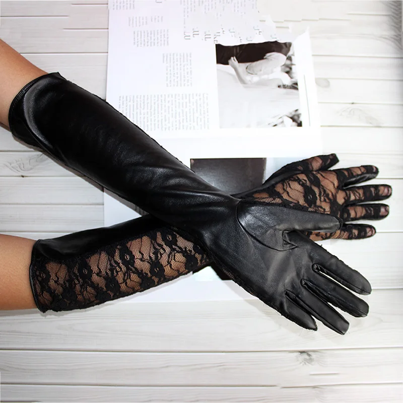 Leather Sheepskin Long Gloves Women\'s Thin Single Layer Unlined Fashion Lace Black Elastic Sun Protection Sleeves