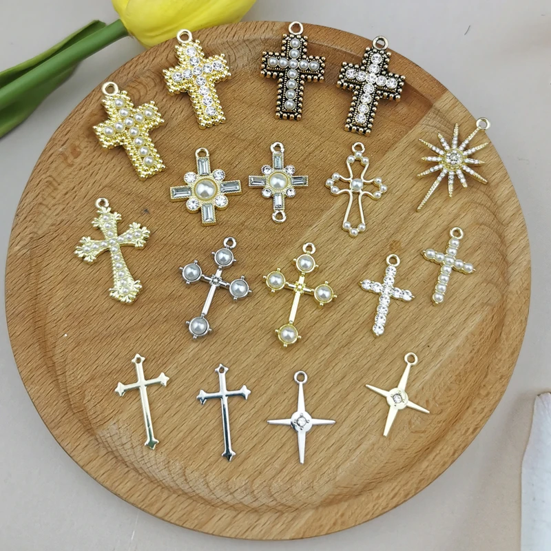 10pcs Charms Lovely Cross Series Gold Color Pendants DIY Crafts Making Findings Handmade Inlaid Rhinestones Jewelry wholesale