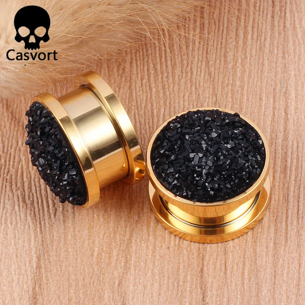 Casvort 2PCS Fashion Resin Stone Golden Ear Plugs Tunnels Piercing Body Jewelry Gauges Expander Pair Selling Daily Simple