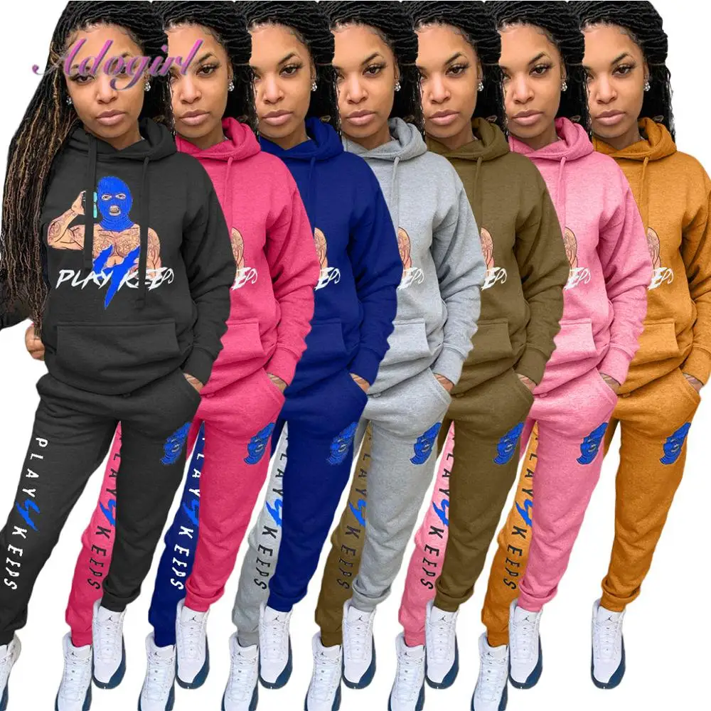 Causal Cartoons Print Two Piece Sets Letter Print Long Sleeve Pocket Pullover Hoodies Joggers Sweatpants Women Sporty Tracksuit