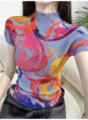 HOT SELLING  Miyake print short sleeve fashion fold stand collar Slim fit T-shirts  IN STOCK