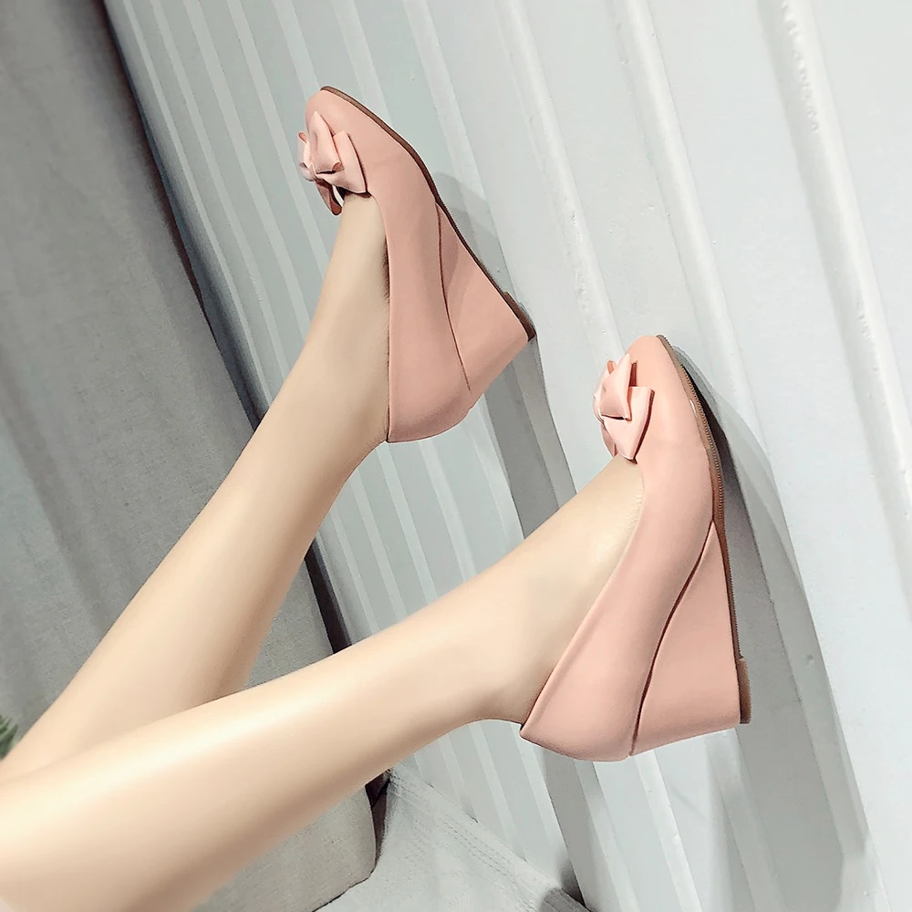 Women Ballet Bow High Heels Wedge Shoes Casual Female Shoes Elegant Ladies Work Boat Shoes Footwear Pink White Beige Size 33-43