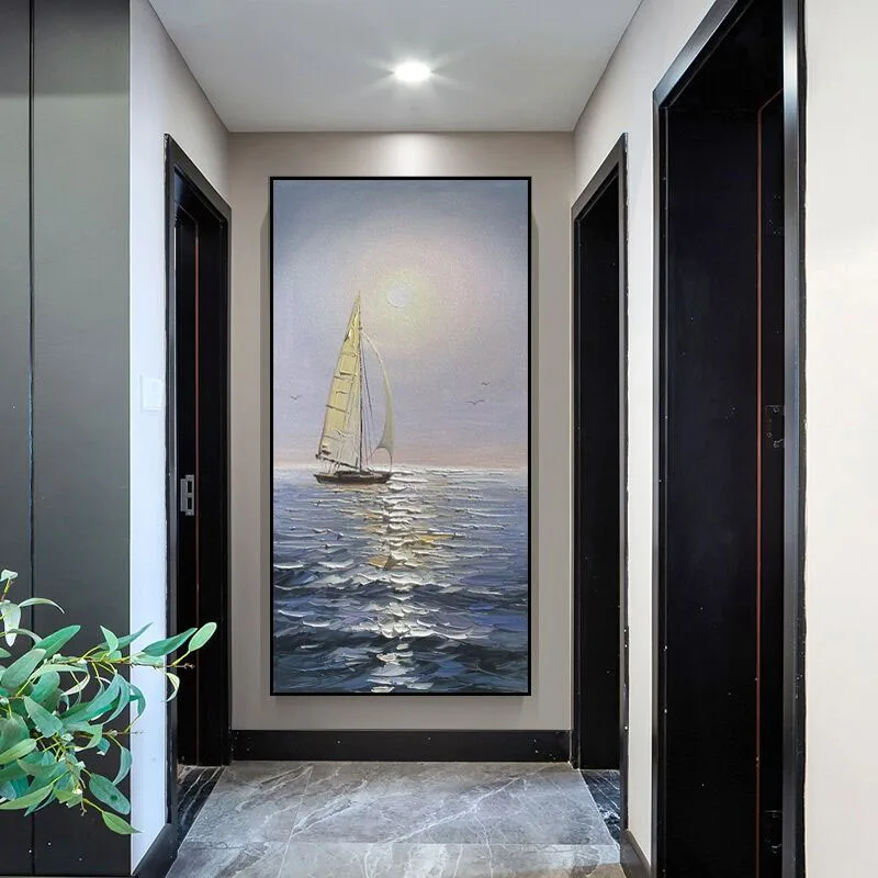 

100% Hand Painted Sea View Sails Abstract Oil Paintings Wall Art Canvas Living Room Hotel Aisle Decor Large Size Frameless