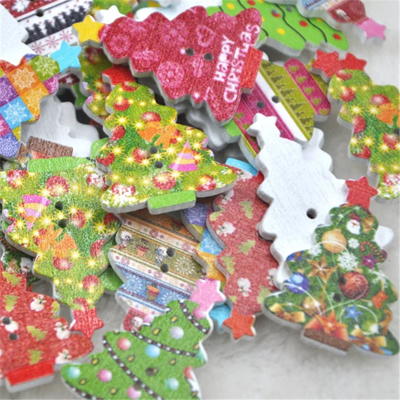 50pcs 25x35 mm  Christmas tree Painted Wooden decorative Buttons For Sewing Scrapbooking Crafts sewing scrapbooking WB322