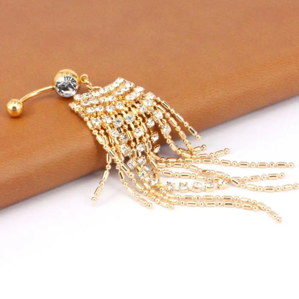 Anillo de botón de ombligo de color dorado a la moda con gemas brillantes, dije de cadena, joyería para Piercing corporal para clavar el vientre