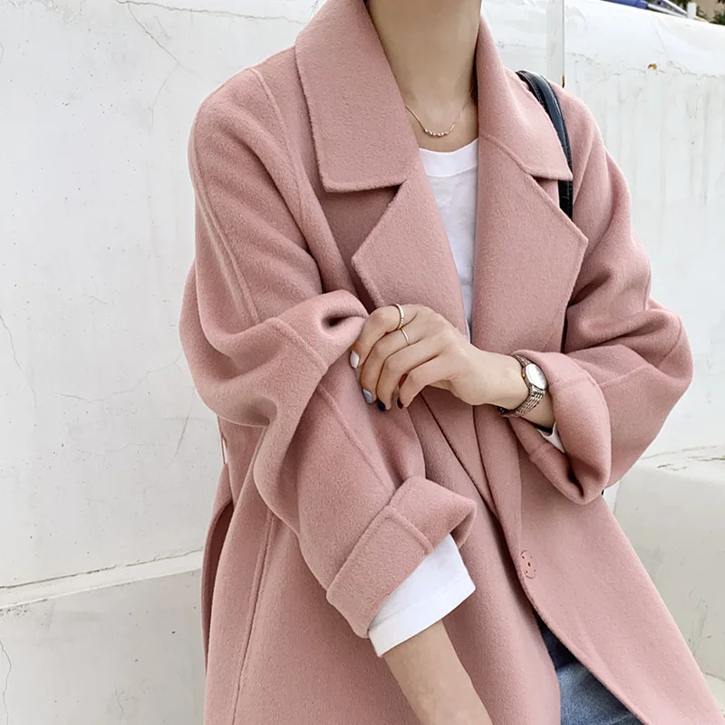 Mùa Xuân Năm 2021 Nữ Đôi Áo Khoác Len Cổ Gập Áo Len Dáng Dài Màu Hồng Nữ Cashmere Phối Casaco Feminino