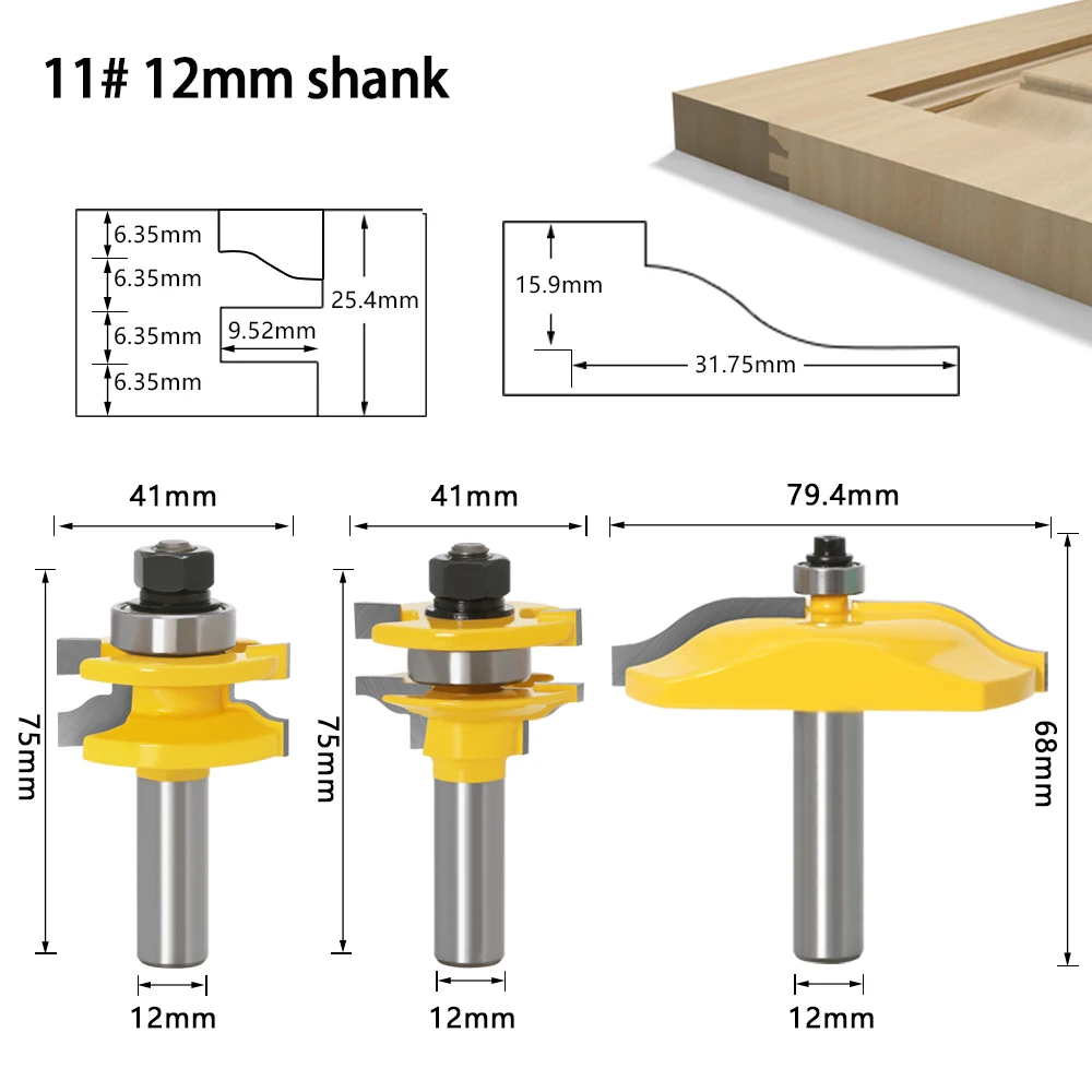 3PC/Set 12MM Shank Milling Cutter Wood Carving Rail & Stile Ogee Blade Cutter Panel Raised Cabinet Router Bit Set Door Tenon