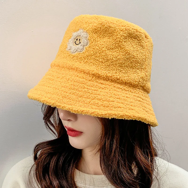 

Autumn and Winter Fisherman Hat Ladies Pure Color Literary Sun Flower Dome Korean Flat-edge Warm Basin Hats Panama Cap