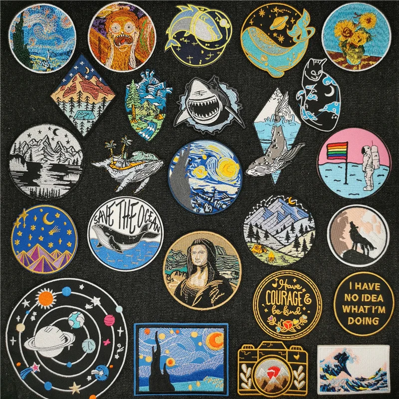 Mona Lisa Prajna Van Gogh Patches For Clothing Space Embroidery Patch Mountain Landscape Fish Ironing Sticker Letter Badges DIY 