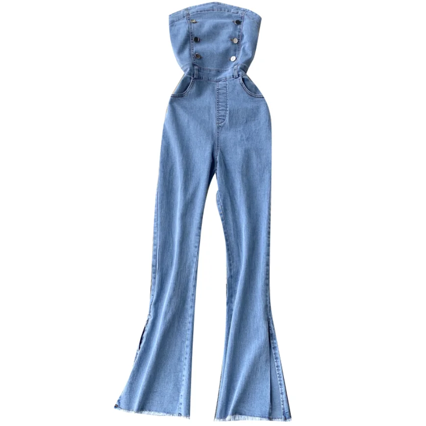 

New Casual Women slash neck Jumpsuit Denim Rompers Ladies summer Casual split Jumpsuits Overalls Pants