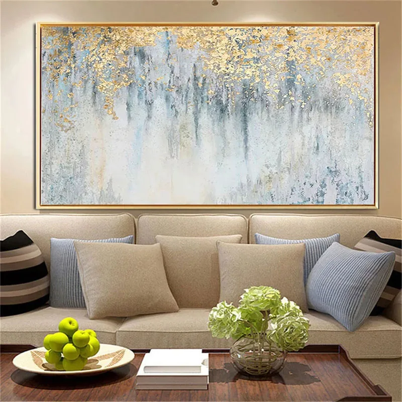 100% Hand Painted Abstract Golden Dots Canvas oil Painting Blue Gray paintings Wall Picture for Living Room Luxury Huge Wall Art