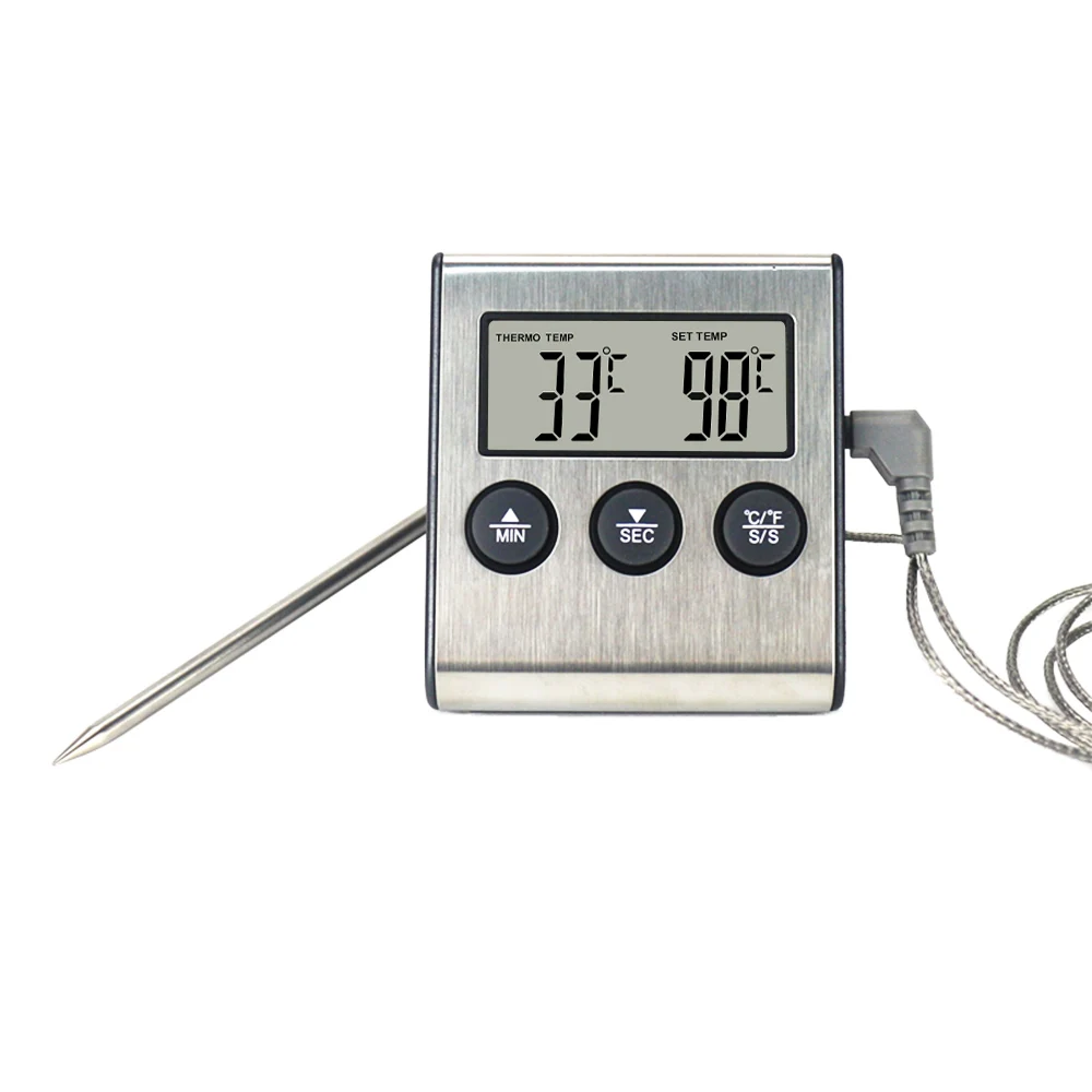 Digital Cooking Thermometer Food BBQ Baker Temperature Meter 0-250C with Temperature Probe Clock Timer Alarm Function