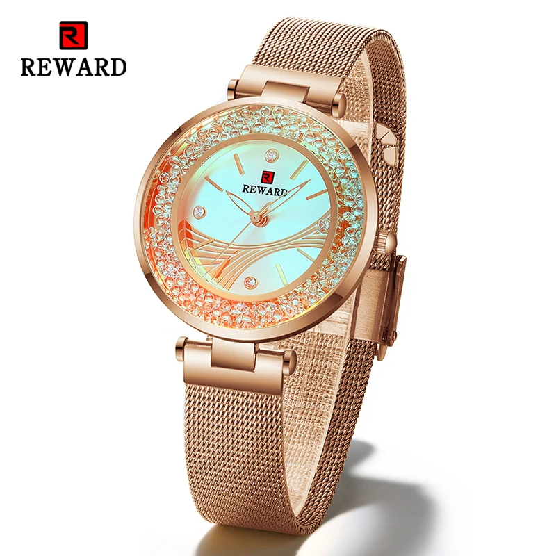 REWARD Rotation Diamant Mode Neue Frauen Uhren Glowing Zifferblatt Mesh Band Quarz Japan Bewegung Wasserdichte Armbanduhren