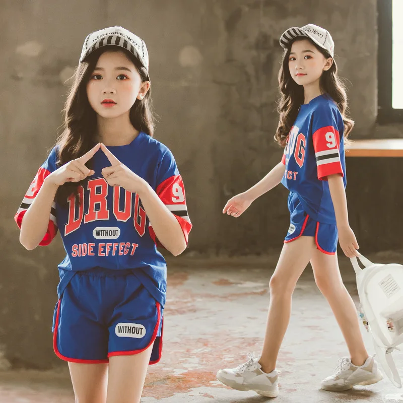 BINIDUCKLING Sport Style Big Girls Clothes Set Summer Short-Sleeves Clothing Kids Girls O-Neck Cotton Letter Printed Outfits