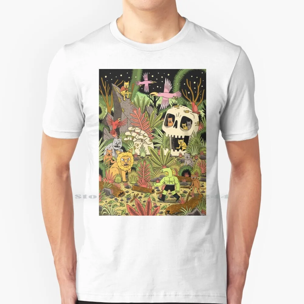 The Jungle 100% Cotton T Shirt Snakeman Jungle Cats Skull Lion Safari Plants Nature Danger Rocks Adventure Naive Folk Detail