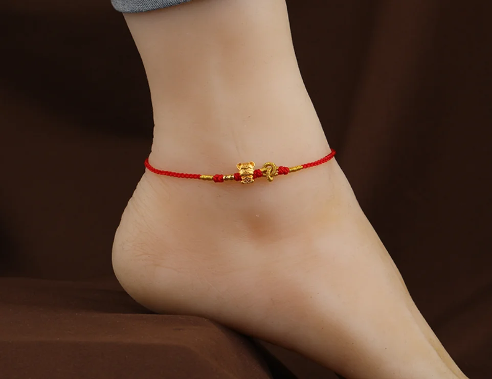 Red rope anklet men's and women's gold transfer beads hand-woven anklet to attract wealth and good fortune