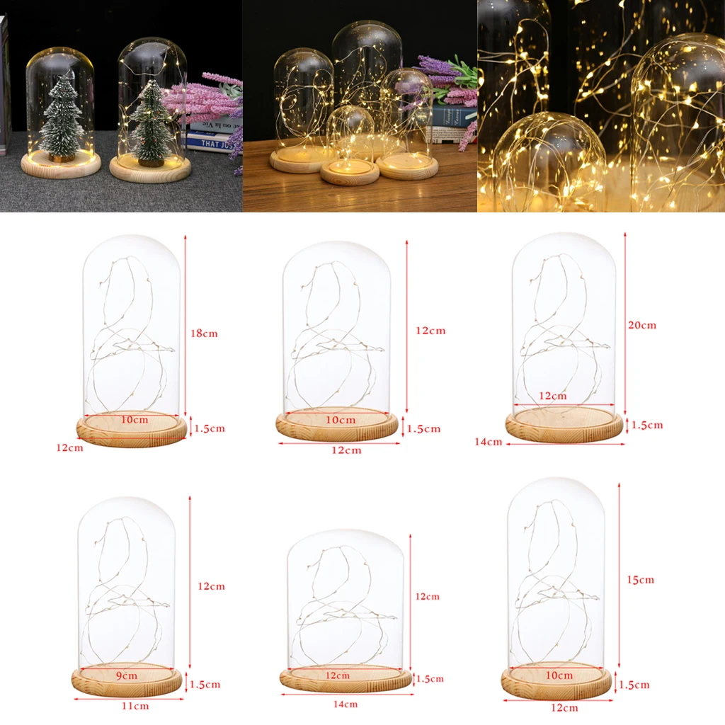 Blesiya Clear Glass Cloche Dome Bell Jar Wooden Base with LED Fairy Lights