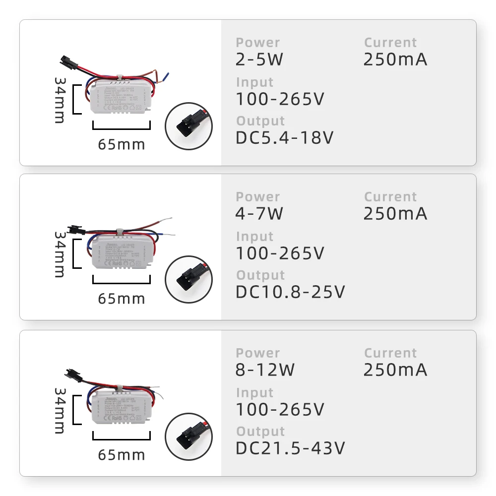 AC100-265V Constant Current LED Driver DC5.4-360V LED Driver 250mA Constant Current Power Supply 2-5W 4-7W 8-12W 13-18W 80-100W