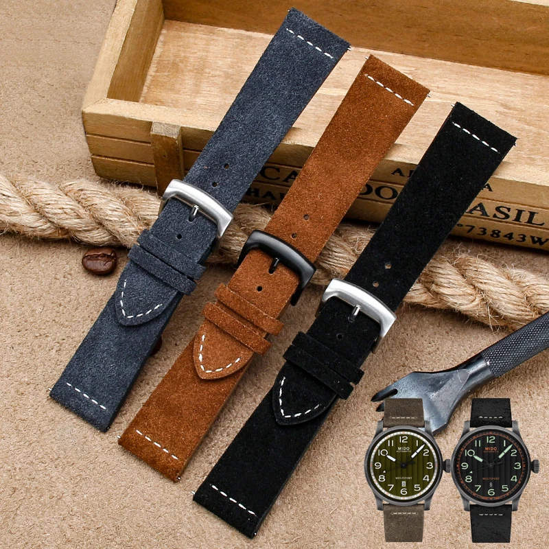 Suede Leather Watch Strap Band 23mm Black Brown Vintage Watch Band Sweatproof Strap Handmade Stitching Replacement Wristband