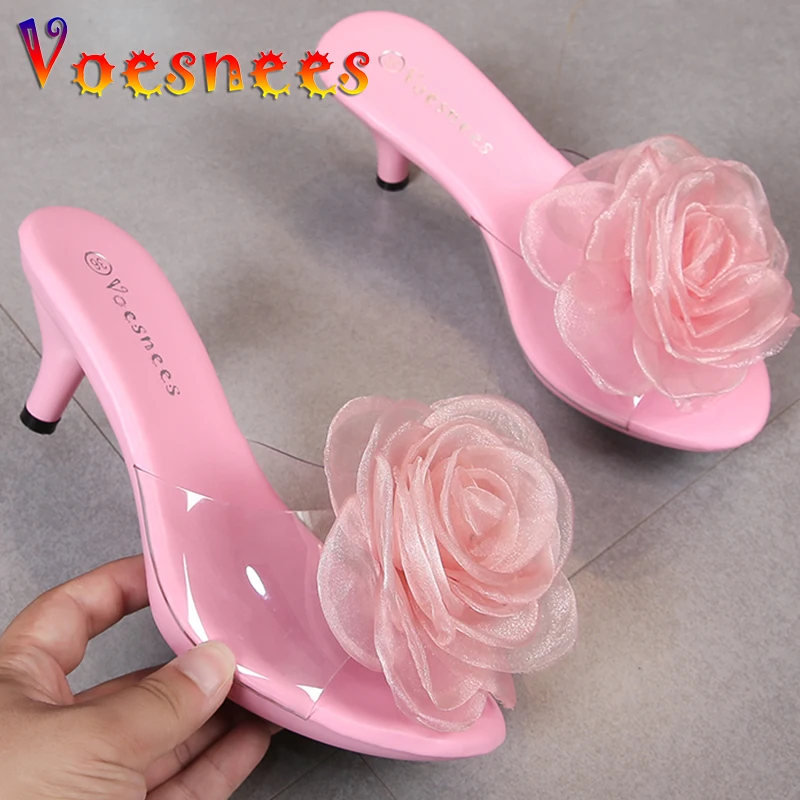 Three-Dimensional Flowers Slippers Summer Transparent Sandals Beach Shoes Thin High Heels Walk Show Crystal Party Women Shoes